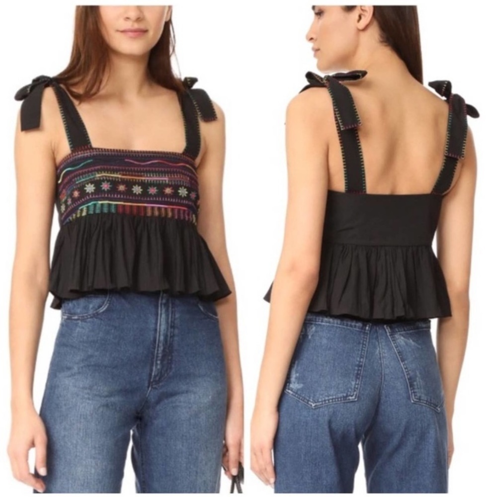 SALONI Jools Black Colorful Embroidered Sleeveless Ruffle Crop Top